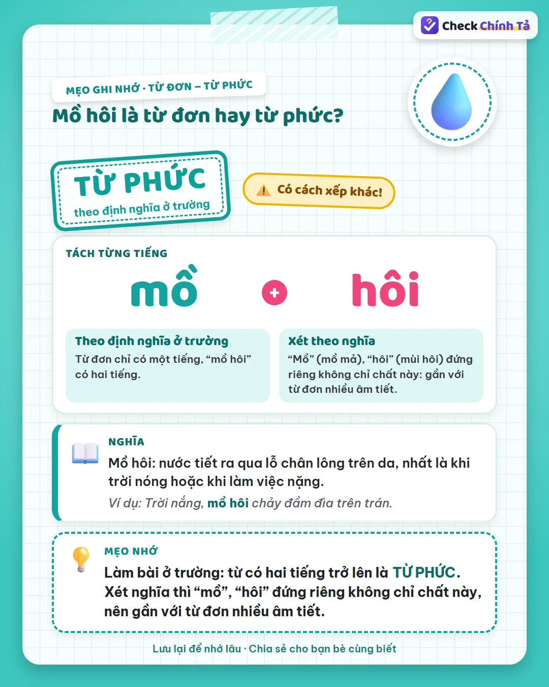 Mẹo ghi nhớ: mồ hôi có hai tiếng nên ở trường là từ phức; “mồ”, “hôi” đứng riêng không chỉ chất này.