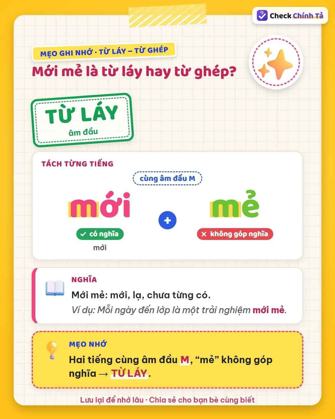 Mẹo ghi nhớ: mới mẻ có hai tiếng cùng âm đầu M, “mẻ” không góp nghĩa nên là từ láy.