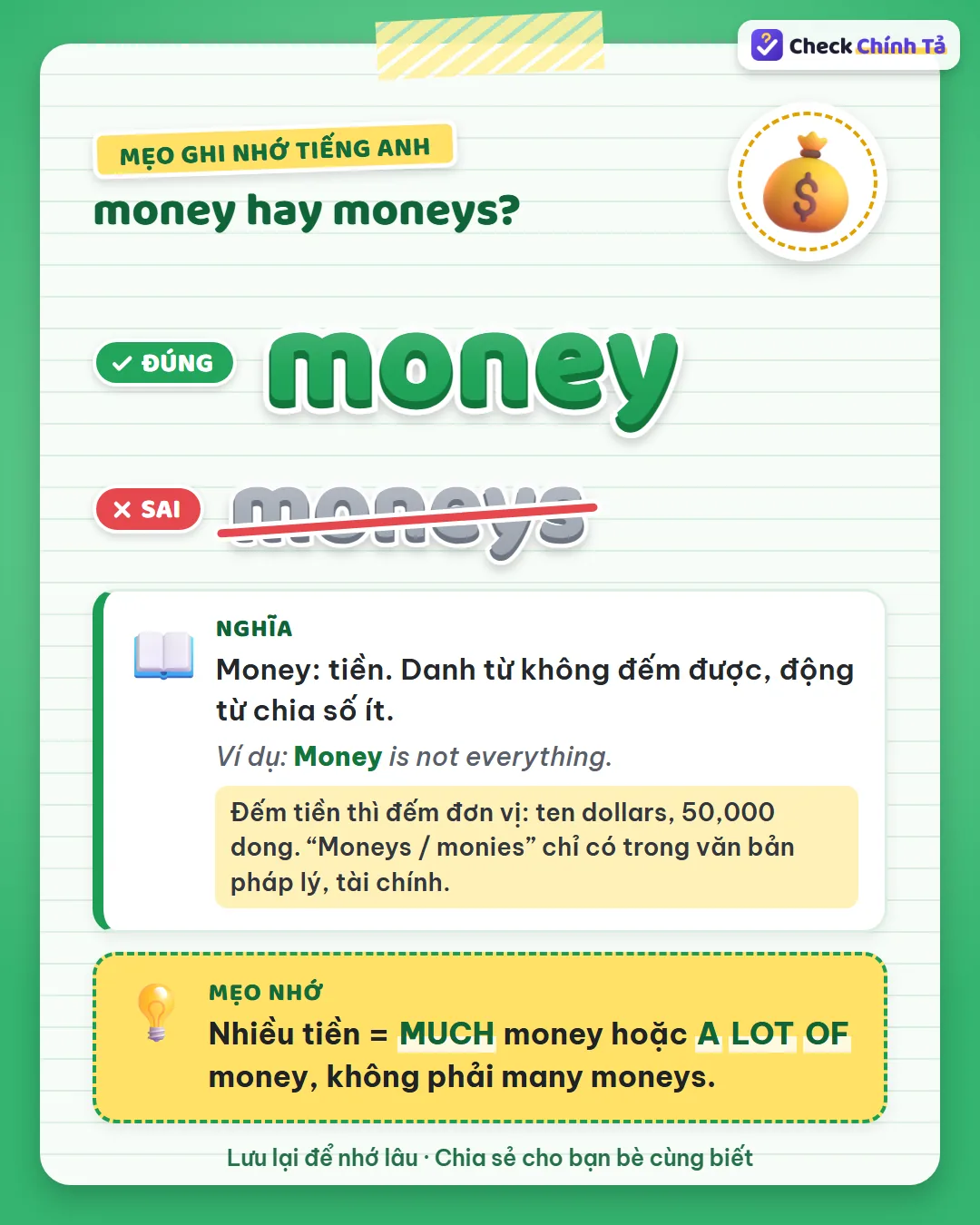 Mẹo ghi nhớ: nhiều tiền là much money hoặc a lot of money, không phải many moneys.