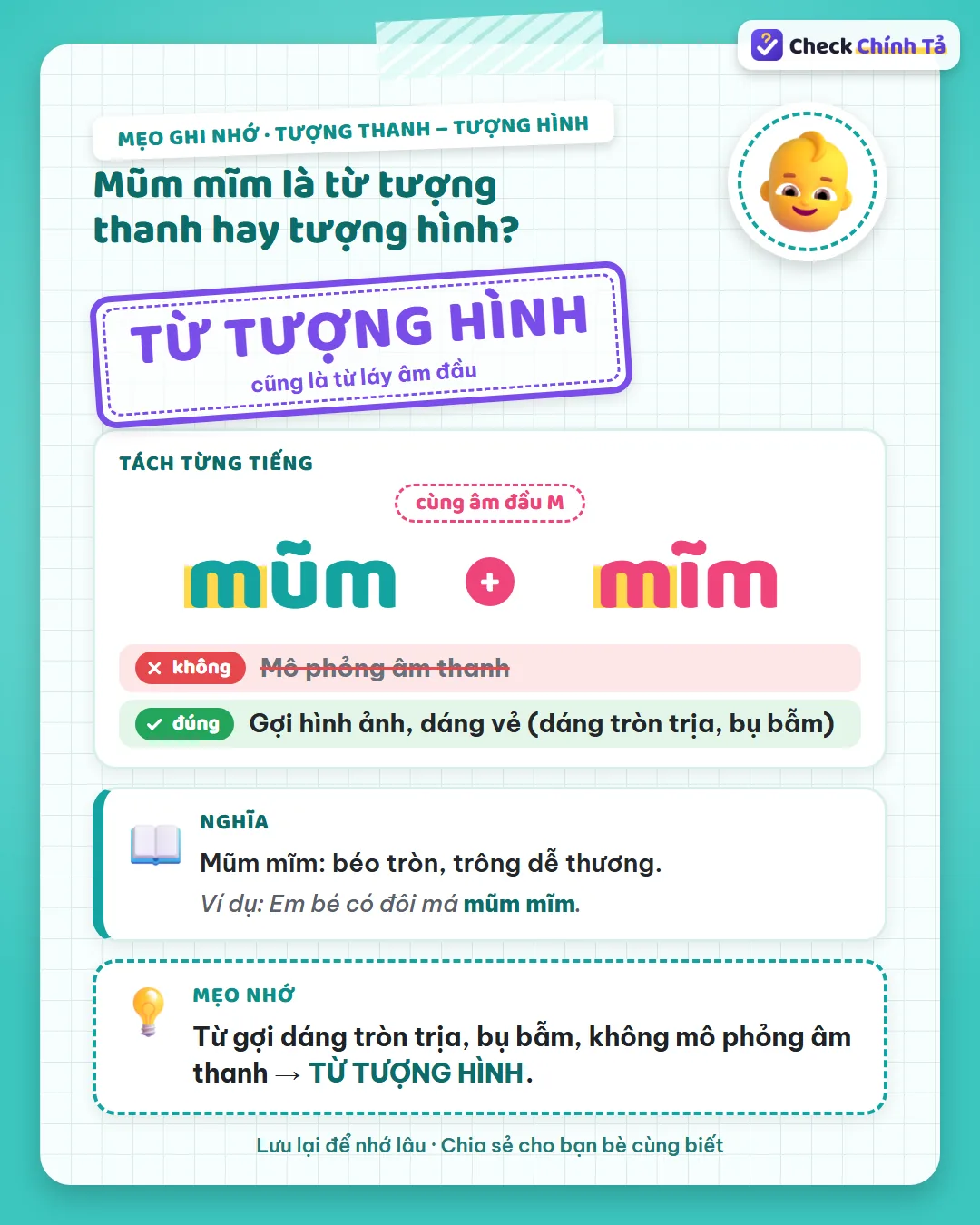 Mẹo ghi nhớ: mũm mĩm gợi dáng tròn trịa, bụ bẫm, không mô phỏng âm thanh nên là từ tượng hình.