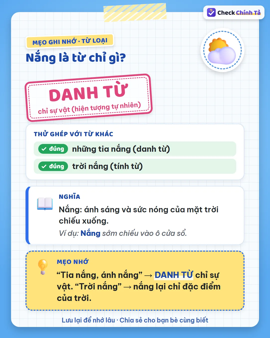 Mẹo ghi nhớ: “tia nắng, ánh nắng” là danh từ chỉ sự vật; “trời nắng” thì nắng chỉ đặc điểm của trời.