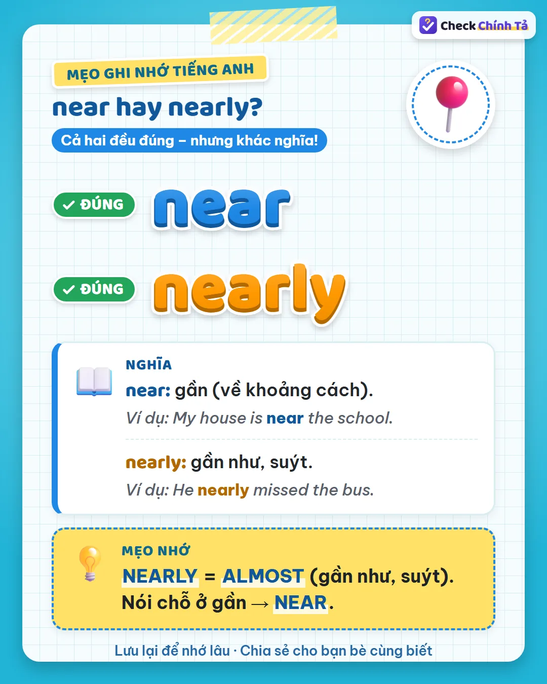Mẹo ghi nhớ: nearly = almost (gần như, suýt); nói chỗ ở gần thì dùng near.
