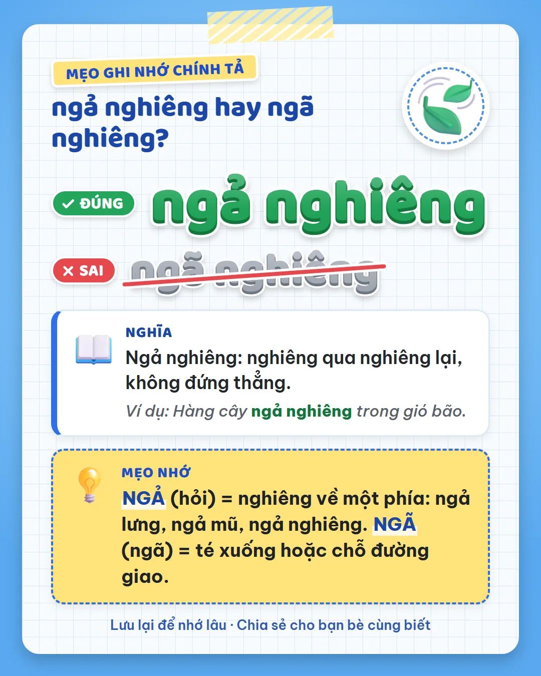 Mẹo ghi nhớ: ngả dấu hỏi là nghiêng về một phía như ngả lưng, ngả nghiêng. Ngã dấu ngã là té xuống hoặc chỗ đường giao.