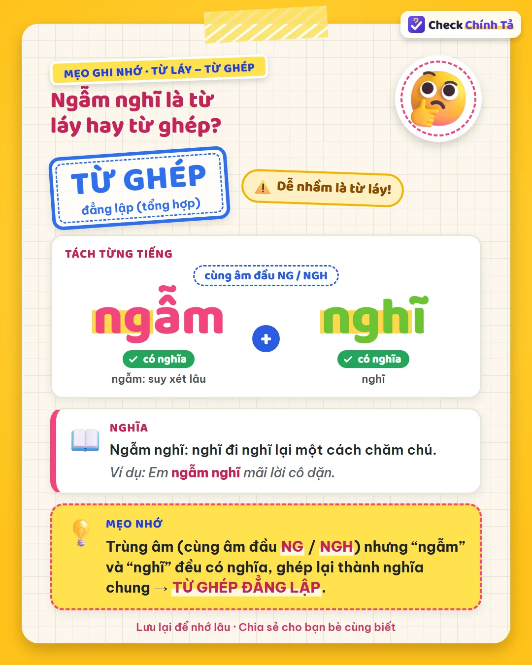Mẹo ghi nhớ: ngẫm nghĩ cùng âm đầu NG / NGH nhưng “ngẫm” và “nghĩ” đều có nghĩa nên là từ ghép đẳng lập.