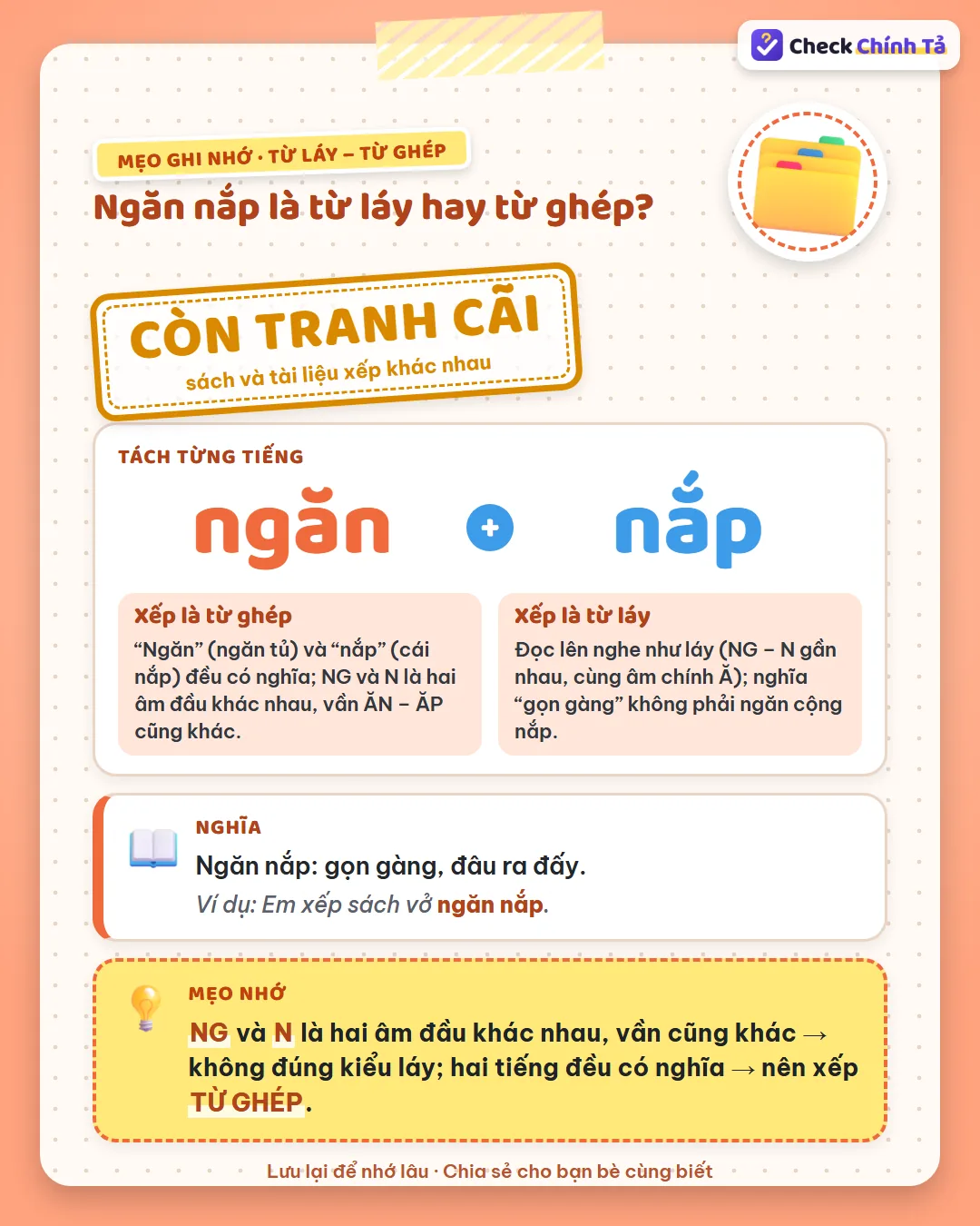 Mẹo ghi nhớ: ng và n là hai âm đầu khác nhau, vần cũng khác nên ngăn nắp không đúng kiểu láy, nên xếp từ ghép.