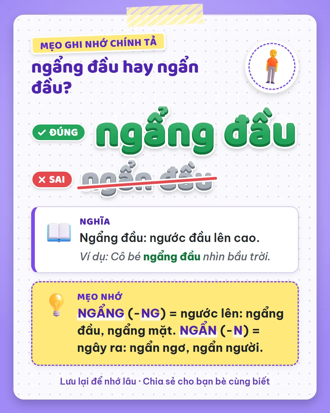 Mẹo ghi nhớ: ngẩng vần -ng là ngước lên: ngẩng đầu, ngẩng mặt. Ngẩn vần -n là ngây ra: ngẩn ngơ.