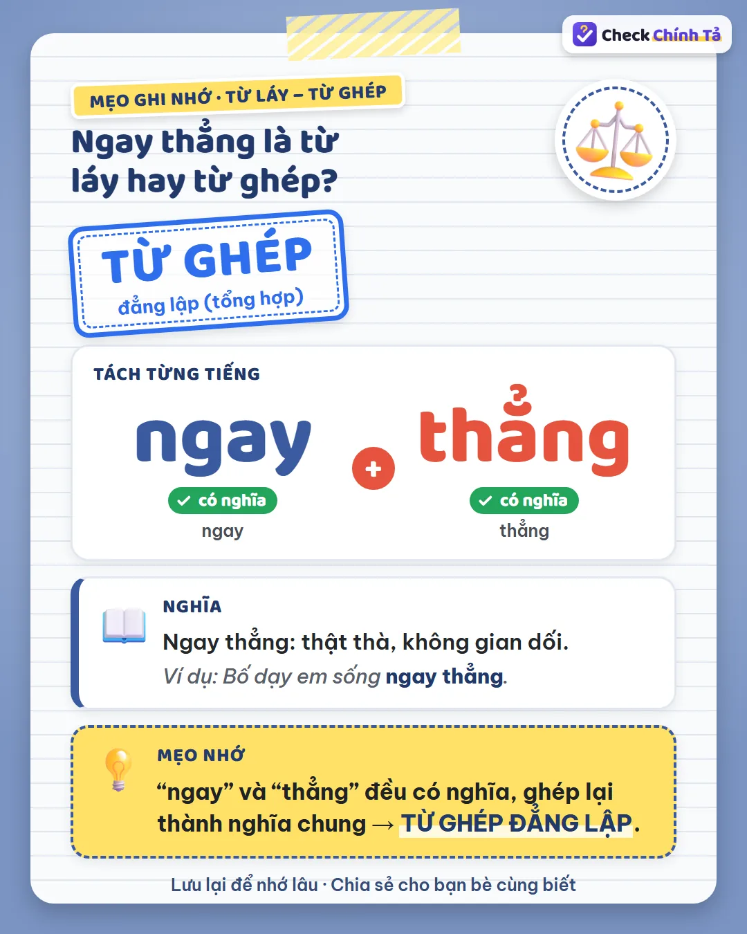 Mẹo ghi nhớ: “ngay” và “thẳng” đều có nghĩa, ghép lại thành nghĩa chung nên ngay thẳng là từ ghép đẳng lập.