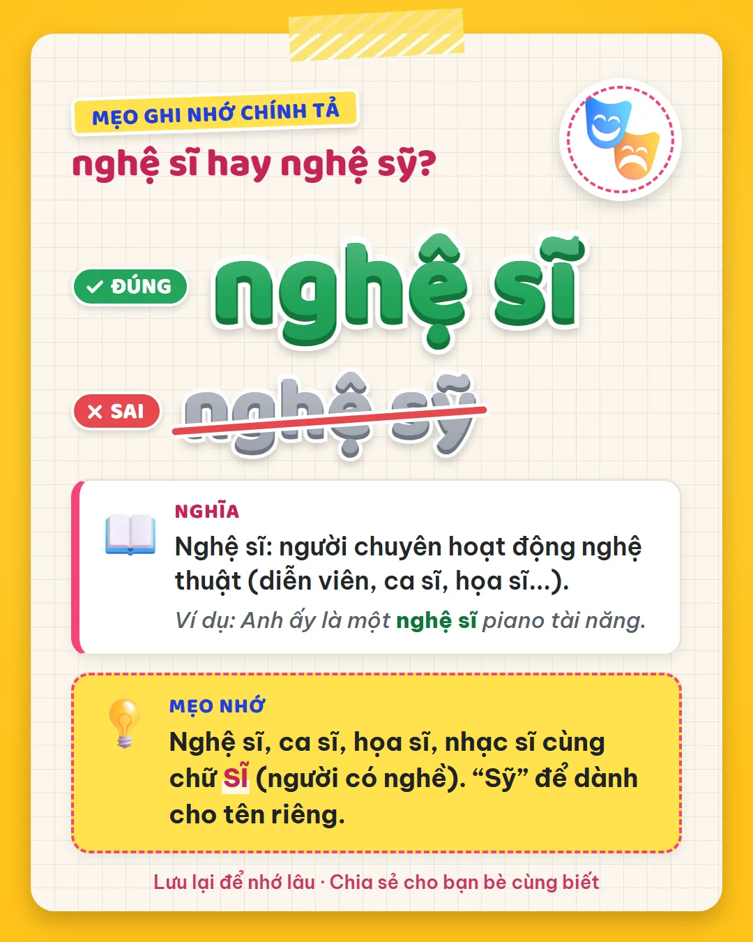 Mẹo ghi nhớ: nghệ sĩ, ca sĩ, hoạ sĩ, nhạc sĩ cùng chữ sĩ là người có nghề. Sỹ để dành cho tên riêng.
