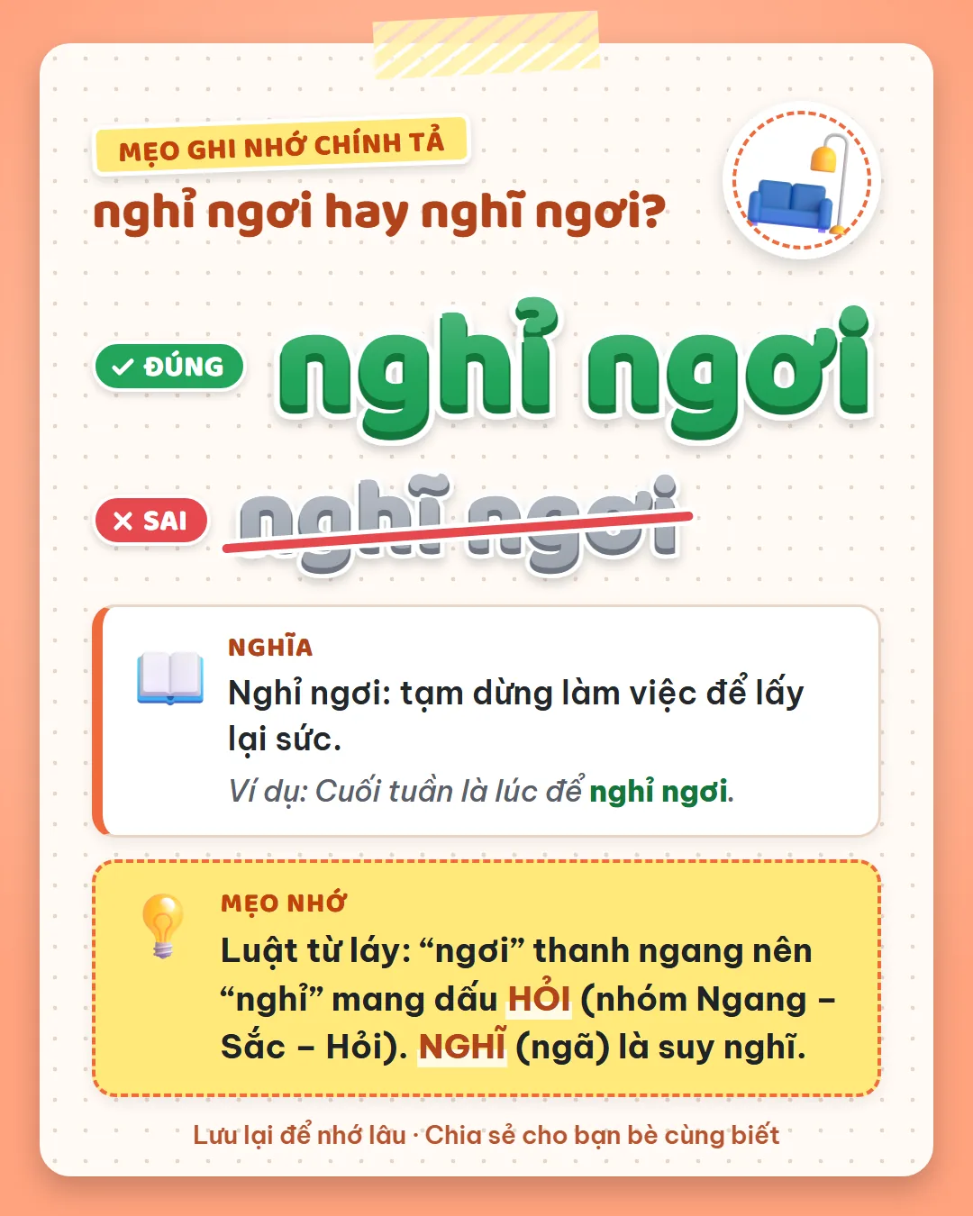 Mẹo ghi nhớ: ngơi thanh ngang nên nghỉ mang dấu hỏi, nhóm ngang, sắc, hỏi. Nghĩ dấu ngã là suy nghĩ.