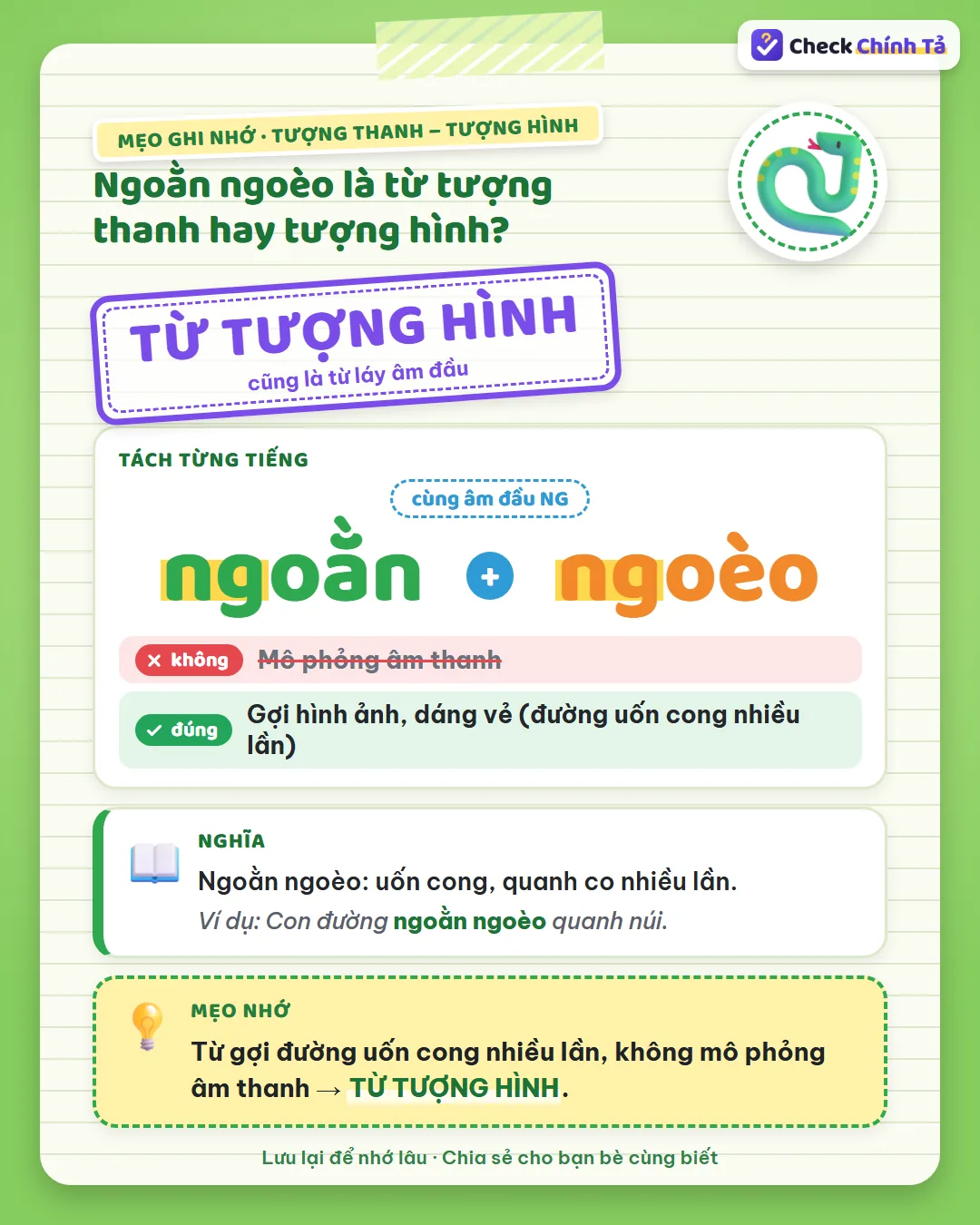 Mẹo ghi nhớ: ngoằn ngoèo gợi đường uốn cong nhiều lần, không mô phỏng âm thanh nên là từ tượng hình.