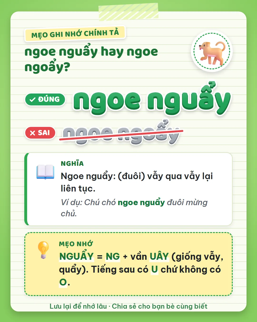 Mẹo ghi nhớ: nguẩy là NG cộng vần uây, giống vẫy, quẩy. Tiếng sau có U chứ không có O.