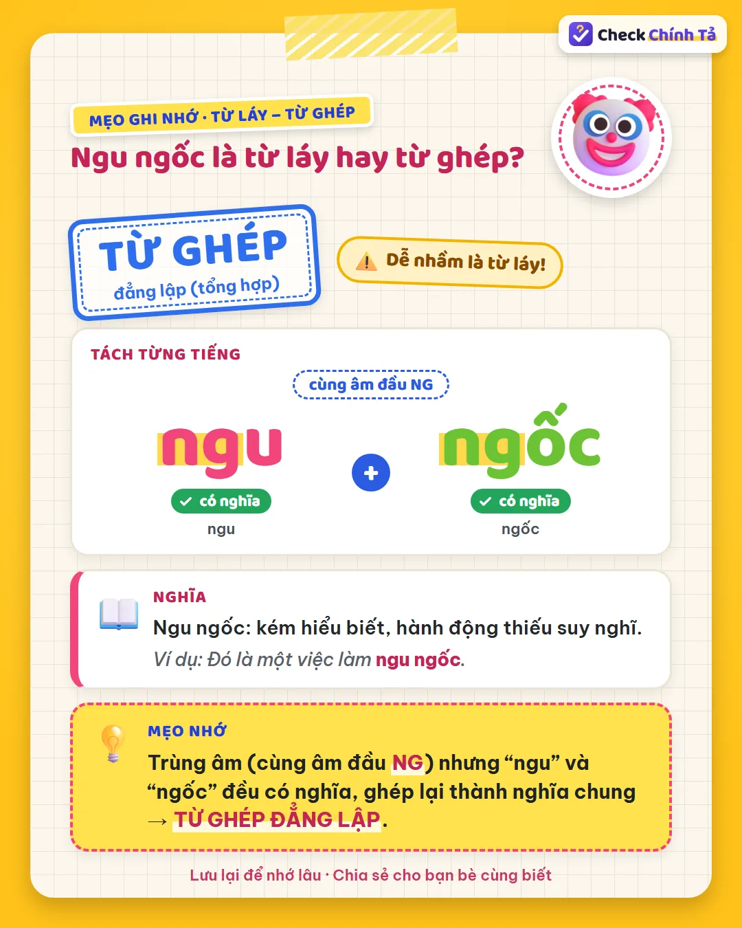 Mẹo ghi nhớ: ngu ngốc trùng âm đầu NG nhưng “ngu” và “ngốc” đều có nghĩa nên là từ ghép đẳng lập.