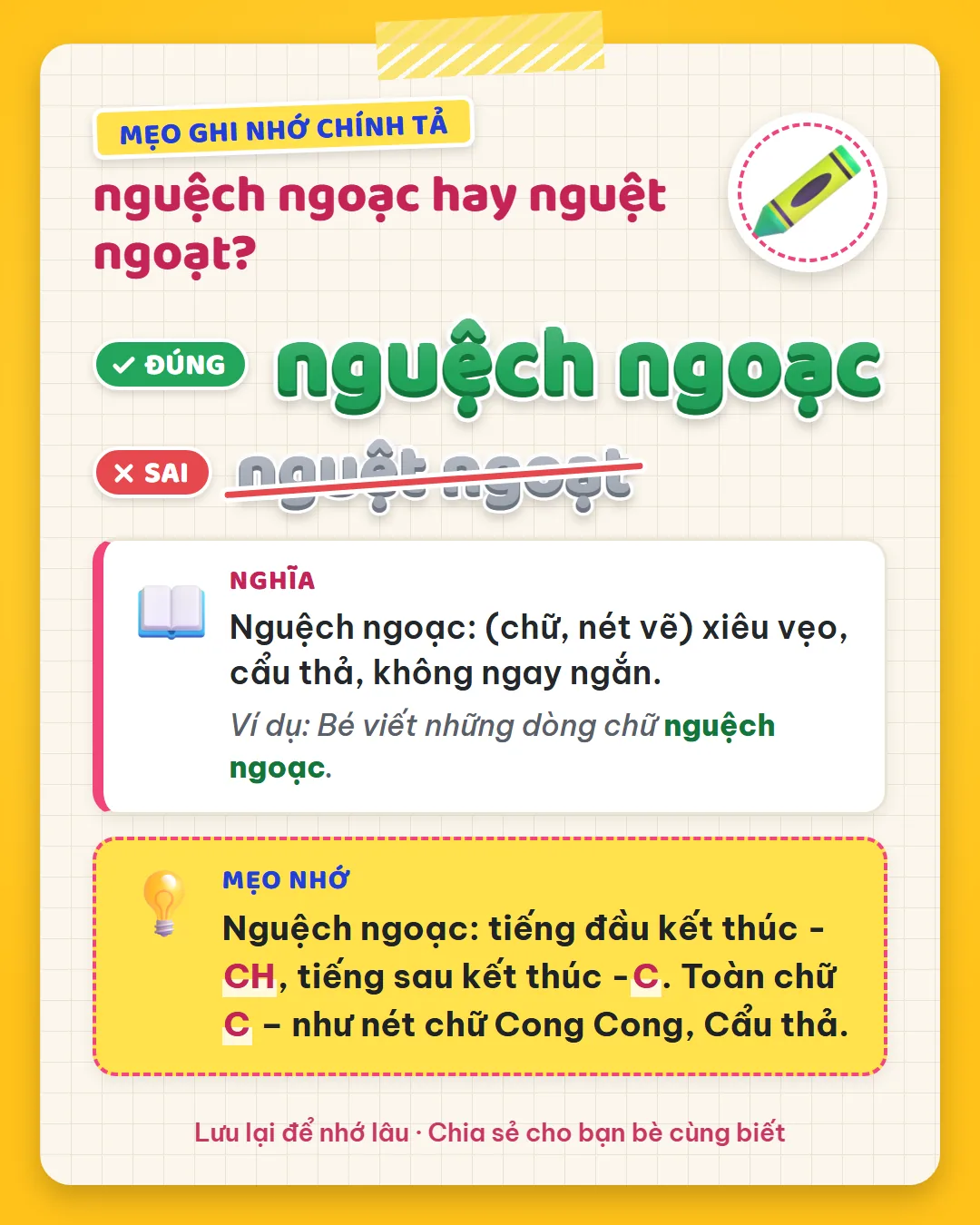 Mẹo ghi nhớ: nguệch ngoạc có tiếng đầu kết thúc CH, tiếng sau kết thúc C. Toàn chữ C như nét chữ cong cong, cẩu thả.