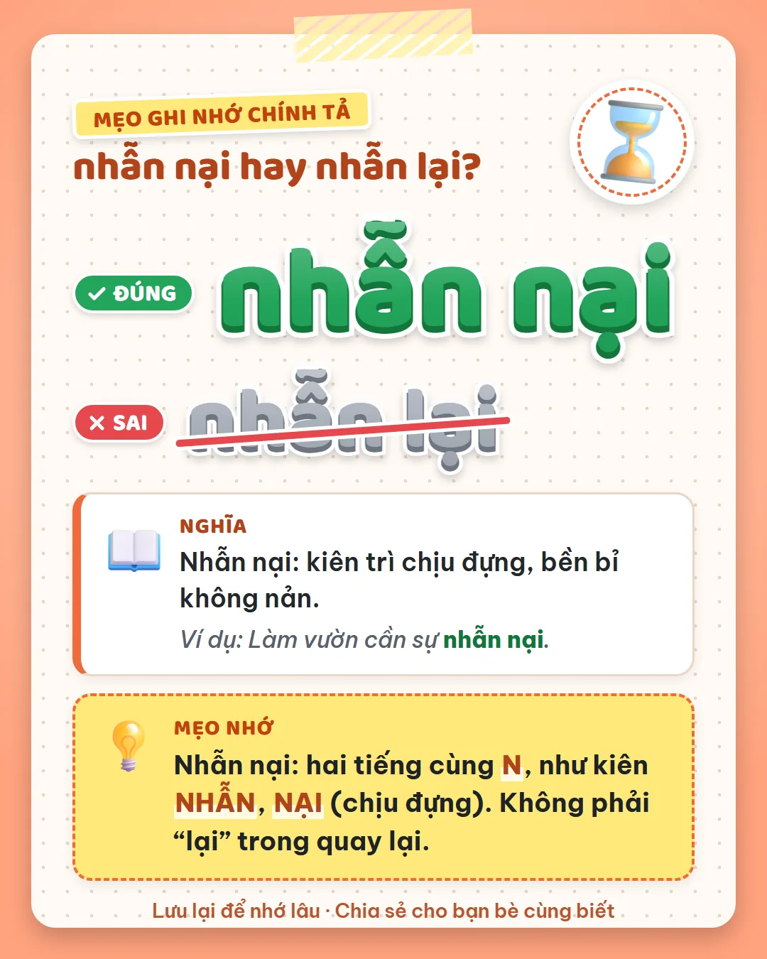 Mẹo ghi nhớ: nhẫn nại có hai tiếng đều bắt đầu bằng chữ N, như kiên nhẫn, nại là chịu đựng. Không phải lại trong quay lại.
