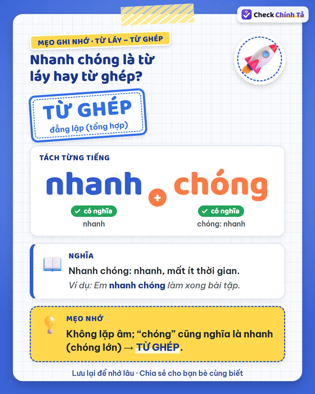 Mẹo ghi nhớ: nhanh chóng không lặp âm; “chóng” cũng nghĩa là nhanh (chóng lớn) nên là từ ghép.
