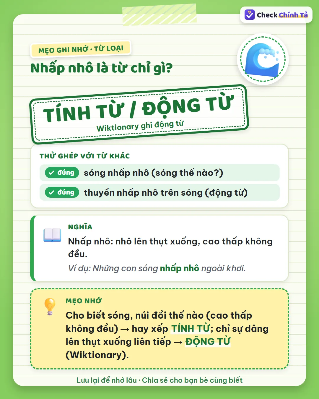 Mẹo ghi nhớ: tả cảnh cao thấp không đều thì là tính từ; tả vật nhô lên thụt xuống thì là động từ.