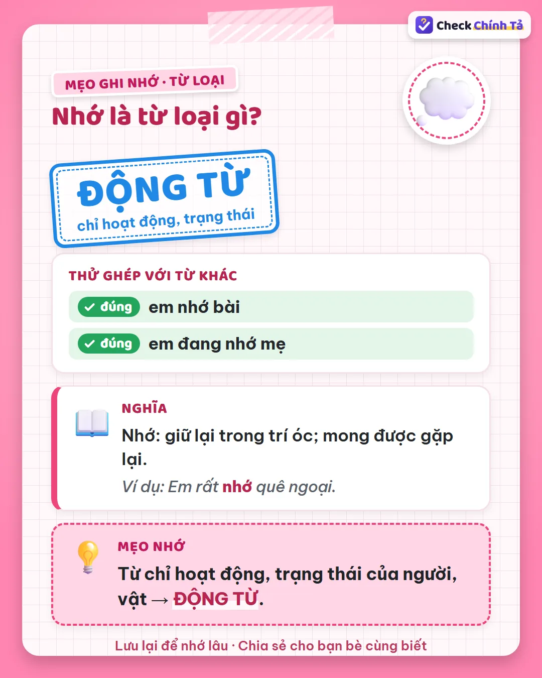 Mẹo ghi nhớ: “em nhớ bài”, “em đang nhớ mẹ” có điều được nhớ đi kèm nên nhớ là động từ.