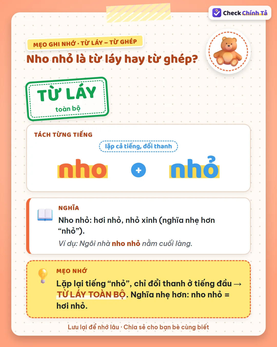Mẹo ghi nhớ: nho nhỏ là tiếng “nhỏ” lặp lại, chỉ đổi thanh ở tiếng đầu nên là từ láy toàn bộ, nghĩa là hơi nhỏ.