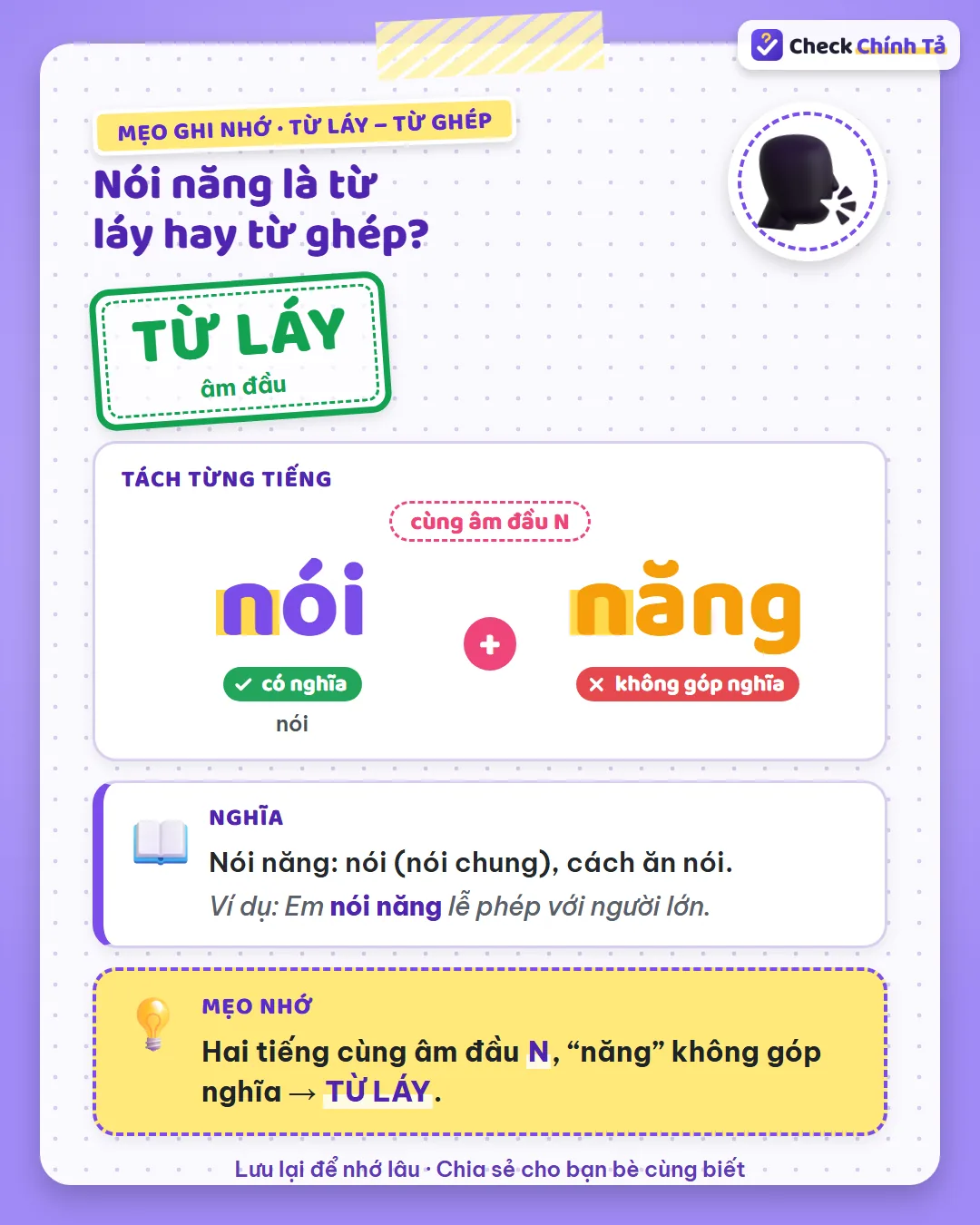 Mẹo ghi nhớ: nói năng có hai tiếng cùng âm đầu N, “năng” không góp nghĩa nên là từ láy.
