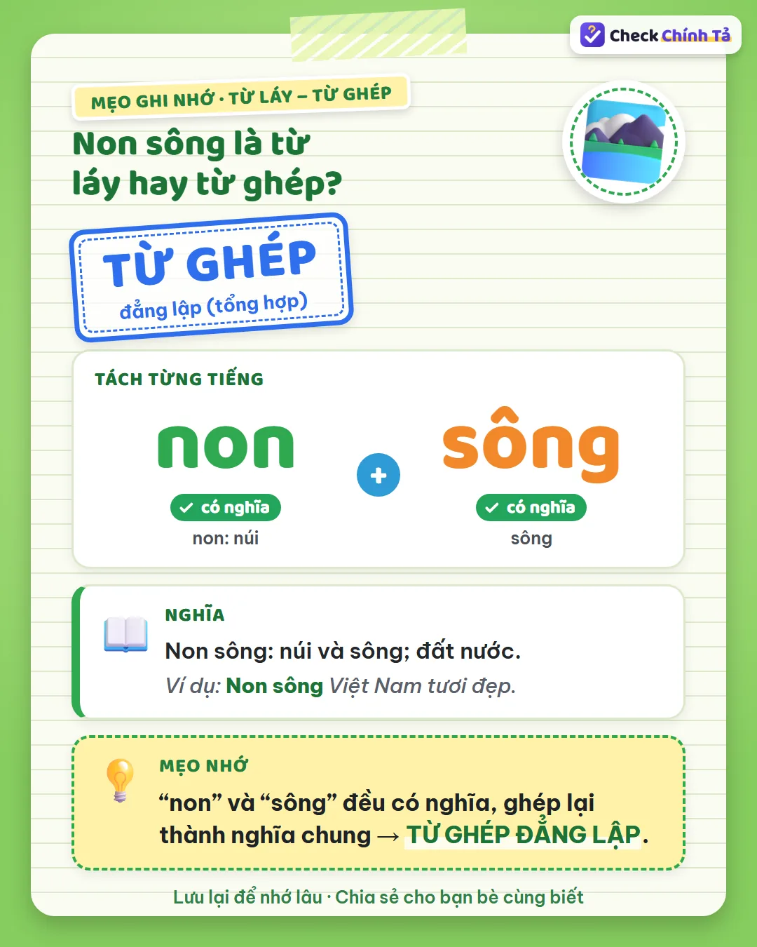 Mẹo ghi nhớ: “non” (núi) và “sông” đều có nghĩa, ghép lại thành nghĩa chung nên non sông là từ ghép đẳng lập.