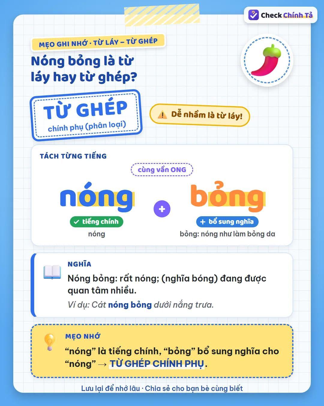 Mẹo ghi nhớ: “nóng” là tiếng chính, “bỏng” bổ sung nghĩa cho “nóng” nên nóng bỏng là từ ghép chính phụ.