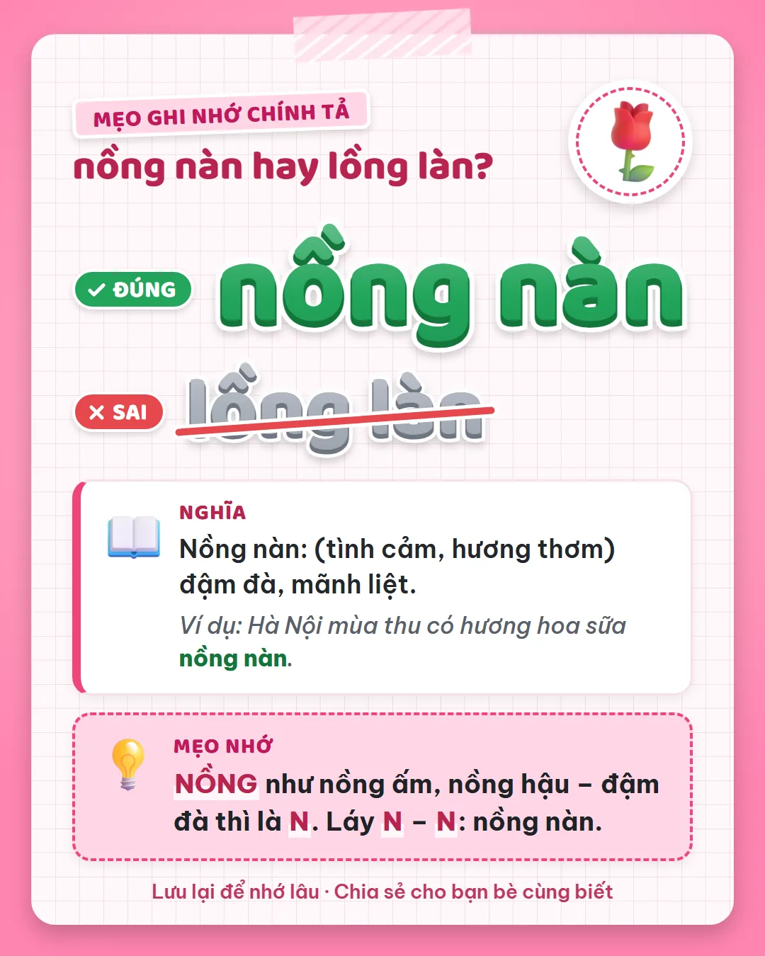 Mẹo ghi nhớ: nồng như nồng ấm, nồng hậu, đậm đà thì là N. Láy N – N: nồng nàn.