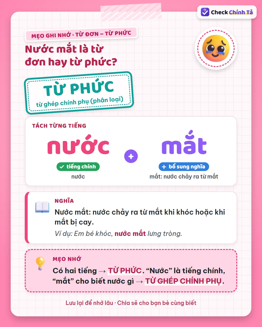 Mẹo ghi nhớ: nước mắt có hai tiếng nên là từ phức; “nước” chính, “mắt” cho biết nước gì nên là ghép chính phụ.