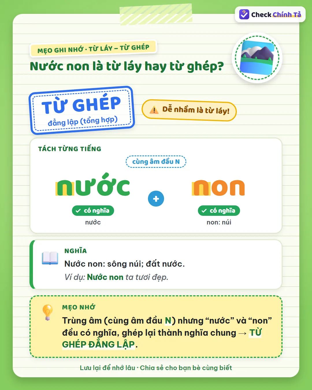 Mẹo ghi nhớ: nước non trùng âm đầu N nhưng “nước” và “non” (núi) đều có nghĩa nên là từ ghép đẳng lập.