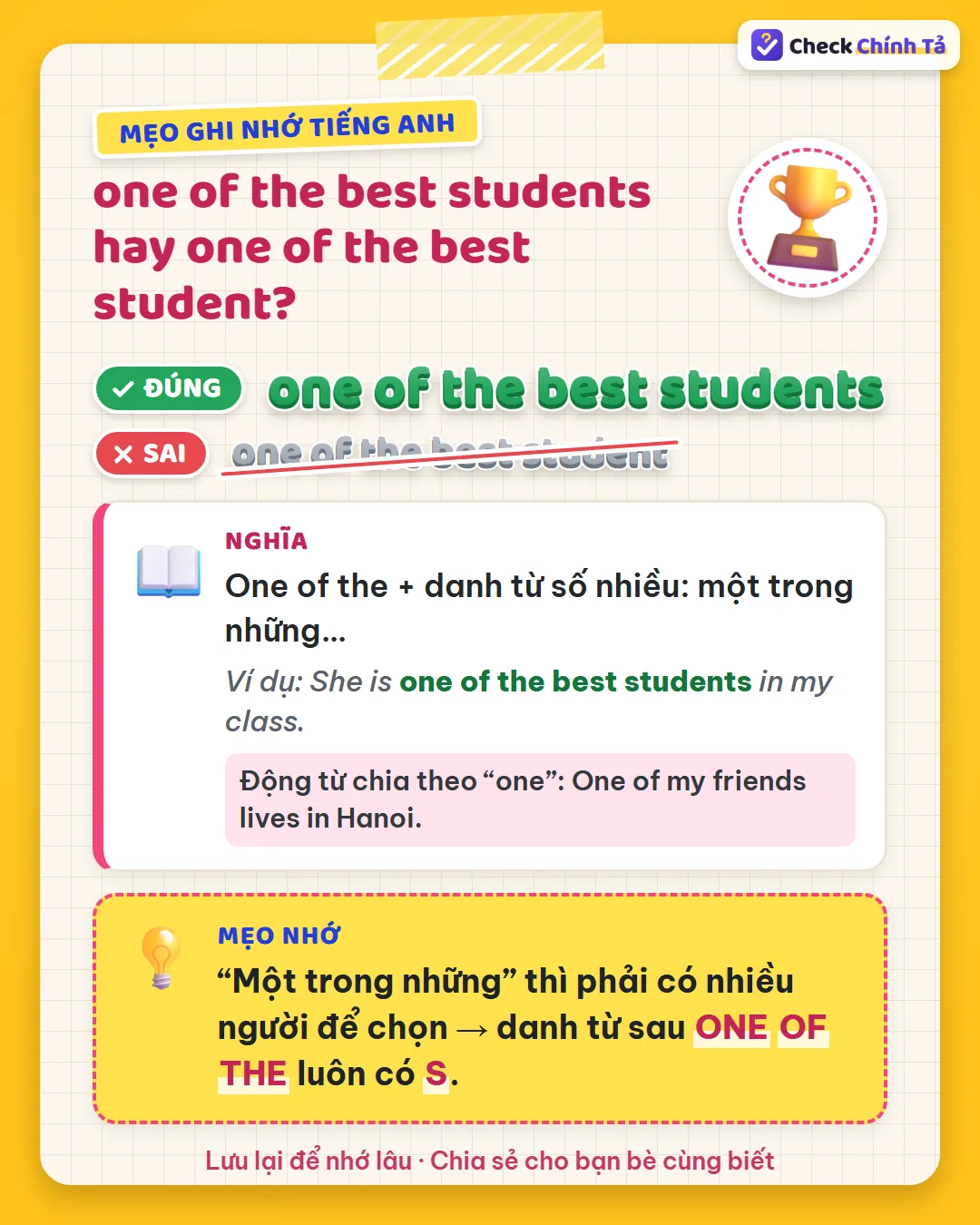 Mẹo ghi nhớ: “một trong những” phải có nhiều người để chọn, nên danh từ sau one of the có s.