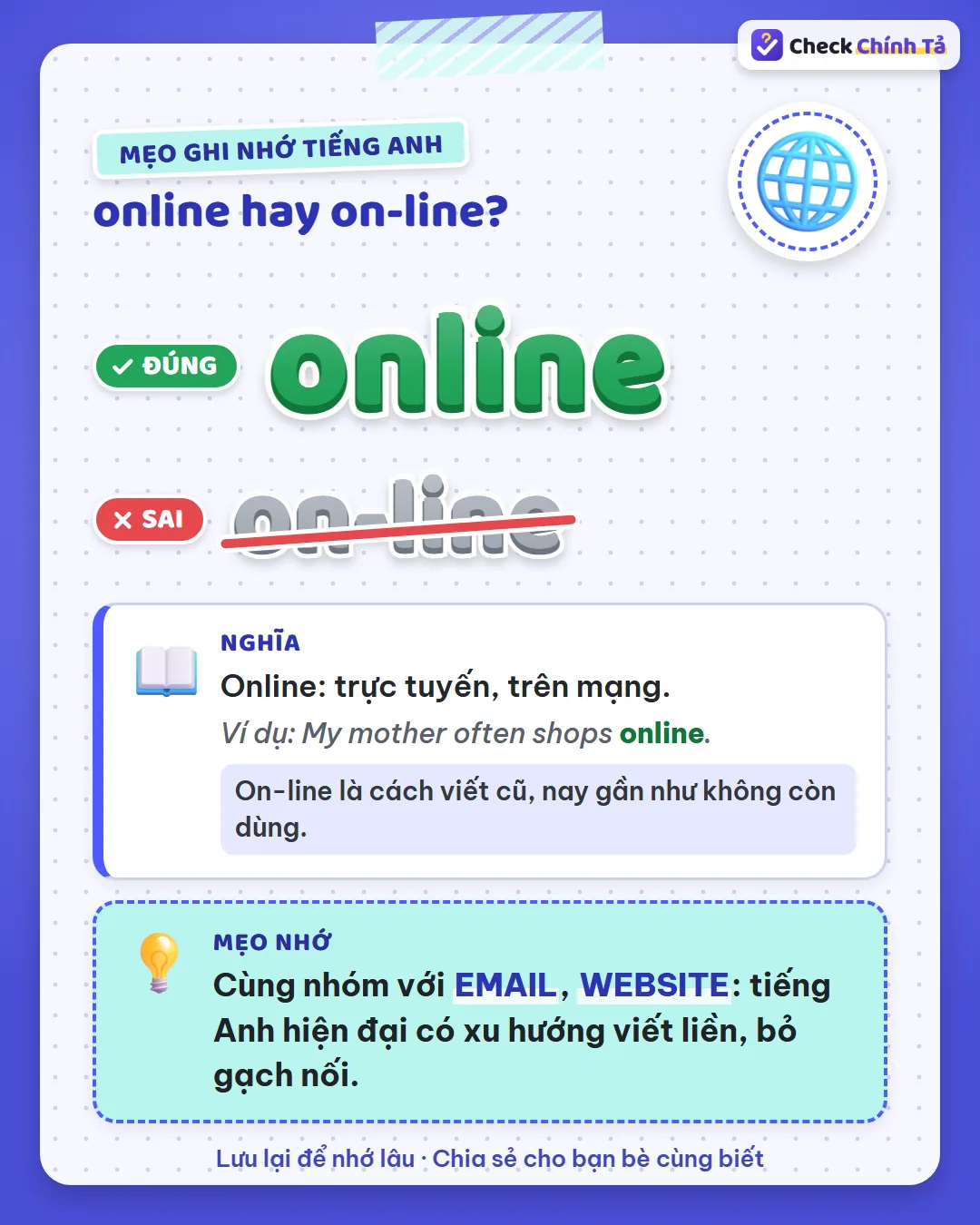 Mẹo ghi nhớ: cùng nhóm với email, website – tiếng Anh hiện đại có xu hướng viết liền, bỏ gạch nối.
