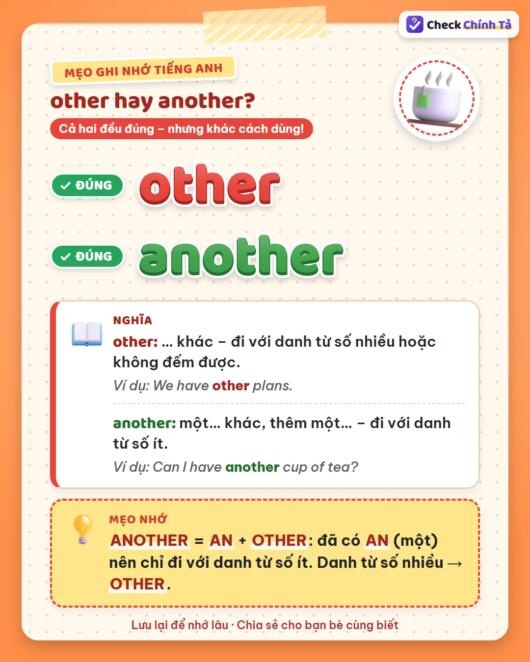 Mẹo ghi nhớ: another = an + other, đã có an nên chỉ đi với danh từ số ít; danh từ số nhiều dùng other.