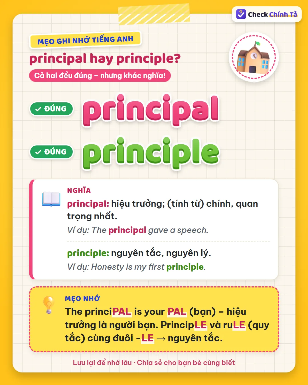 Mẹo ghi nhớ: the principal is your pal, hiệu trưởng là người bạn; principle và rule cùng đuôi -le là nguyên tắc.