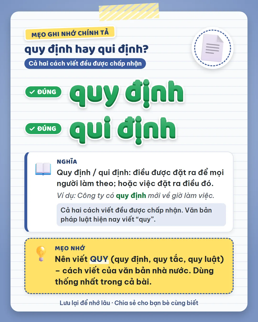 Mẹo ghi nhớ: nên viết quy như văn bản nhà nước: quy định, quy tắc, quy luật. Dùng thống nhất trong cả bài.