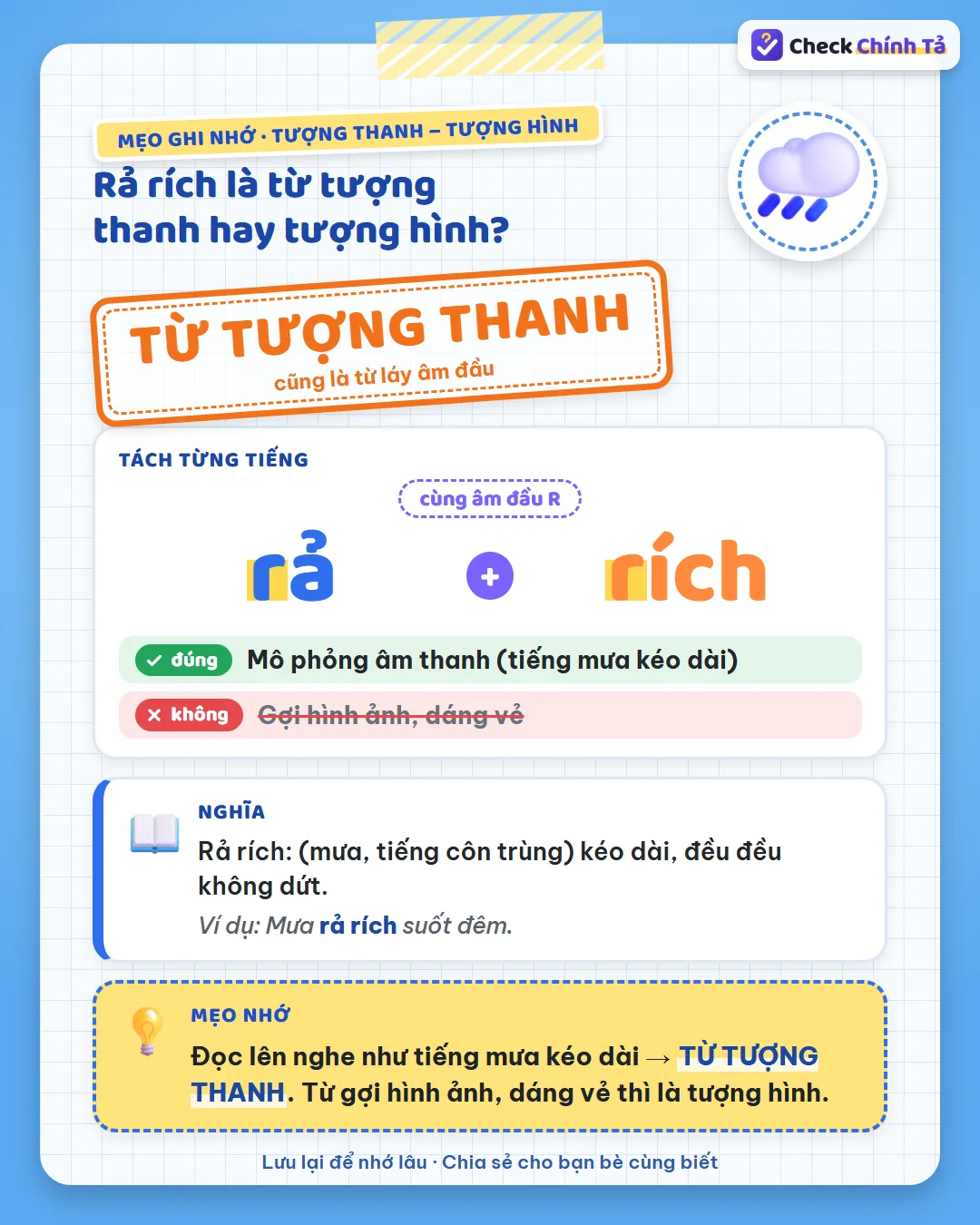 Mẹo ghi nhớ: rả rích đọc lên nghe như tiếng mưa kéo dài nên là từ tượng thanh.