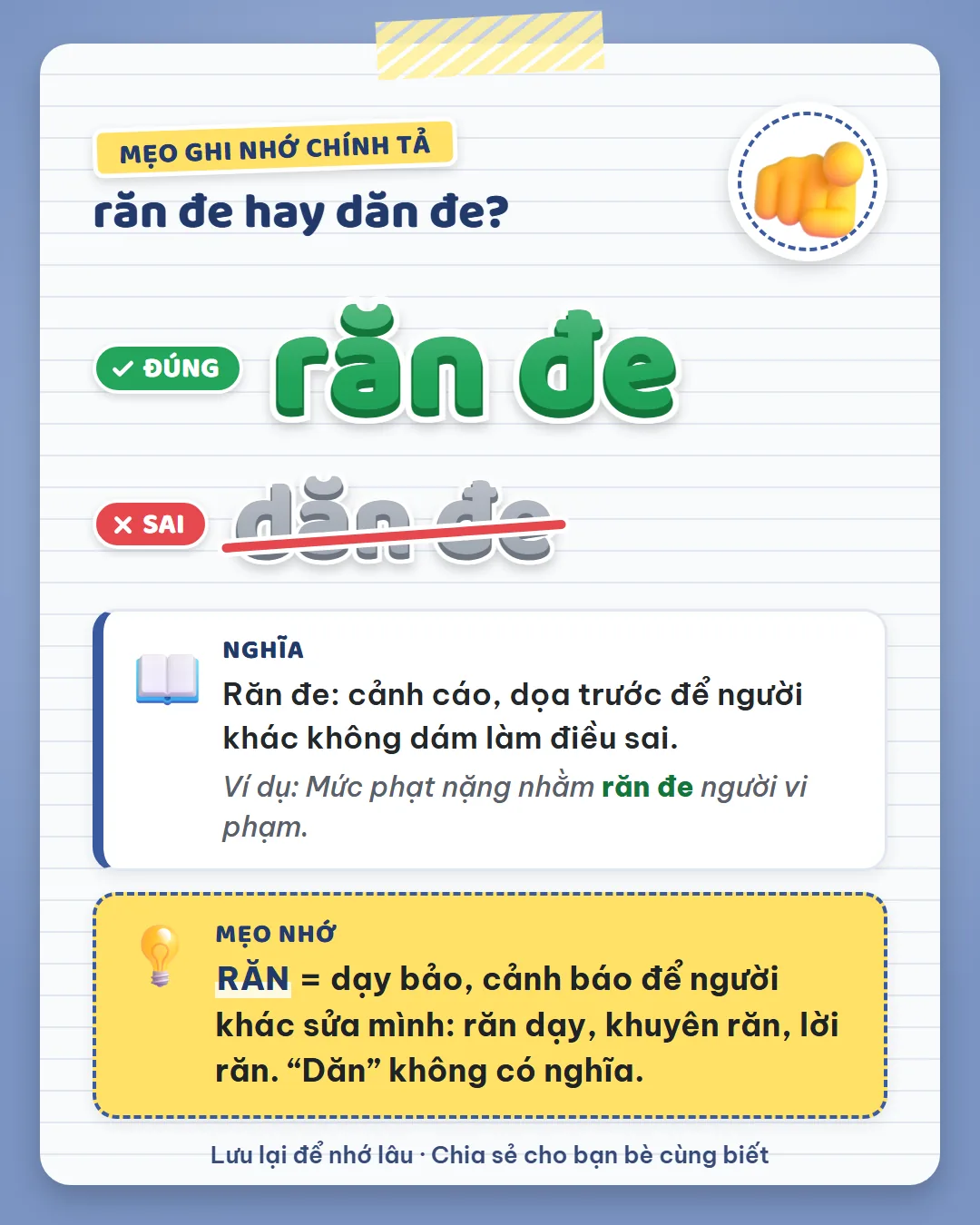 Mẹo ghi nhớ: răn là dạy bảo, cảnh báo như răn dạy, khuyên răn, lời răn. Không có chữ dăn.