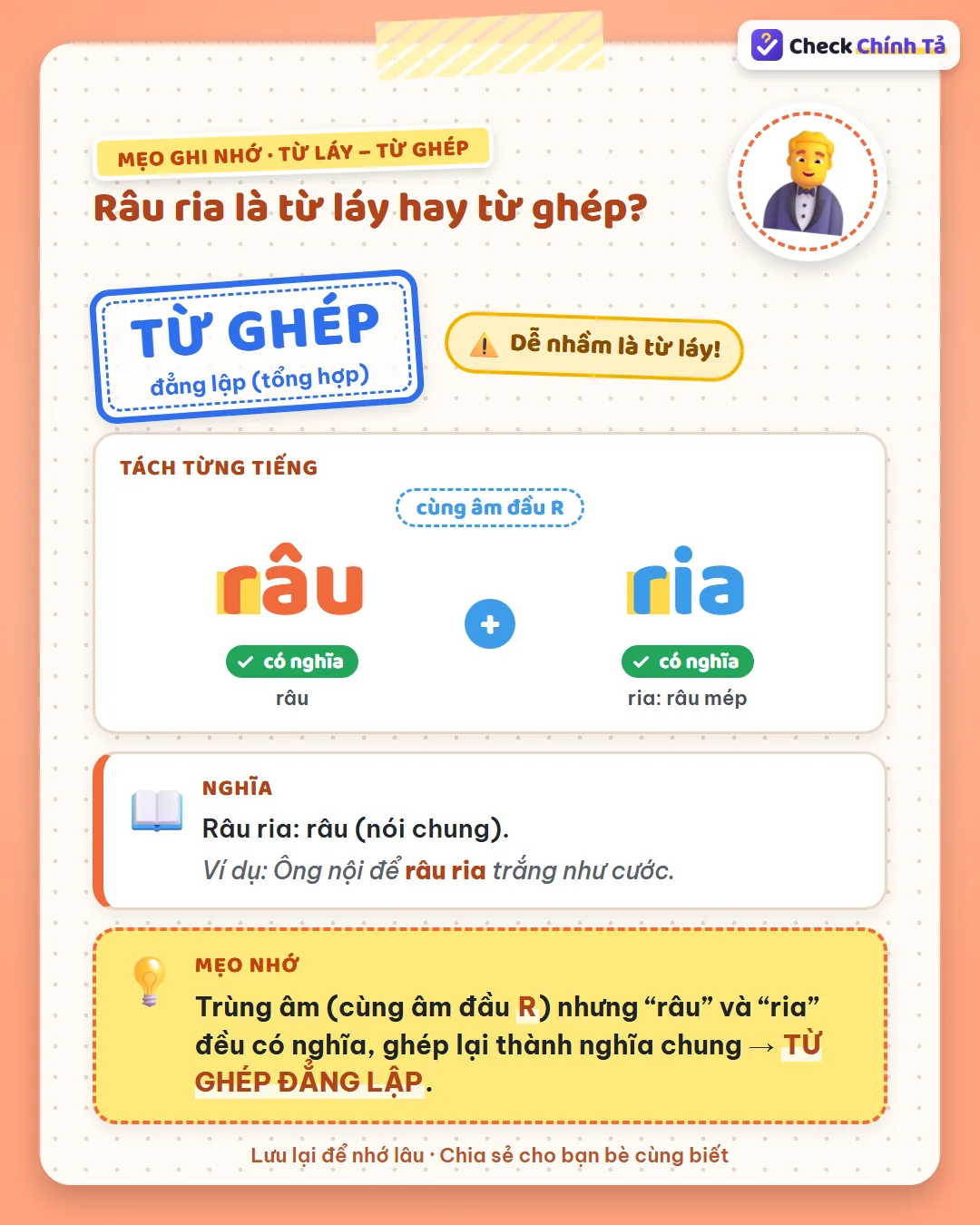 Mẹo ghi nhớ: râu ria cùng âm đầu R nhưng “râu” và “ria” (râu mép) đều có nghĩa nên là từ ghép đẳng lập.