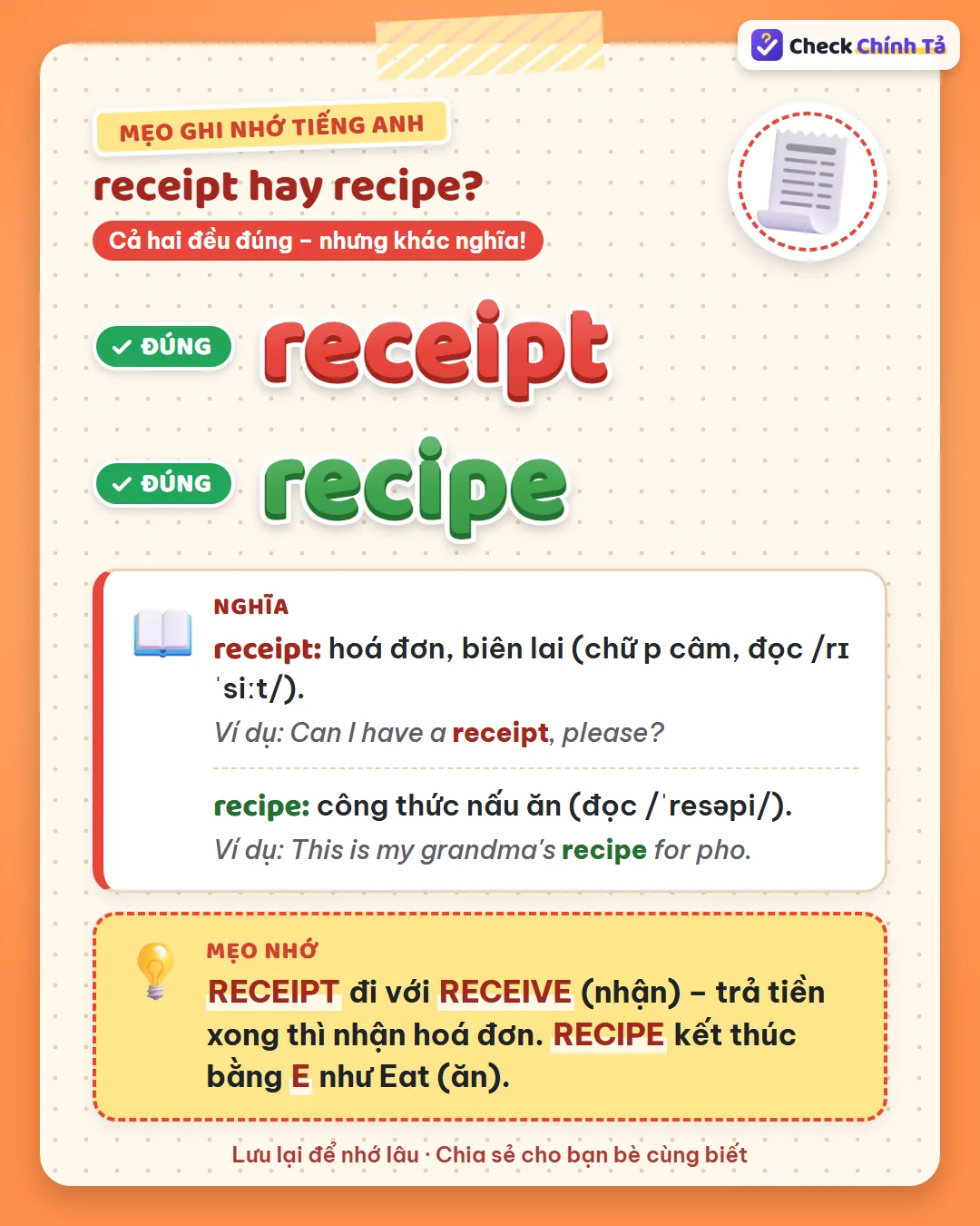 Mẹo ghi nhớ: receipt đi với receive, trả tiền xong thì nhận hoá đơn; recipe kết thúc bằng E như Eat.