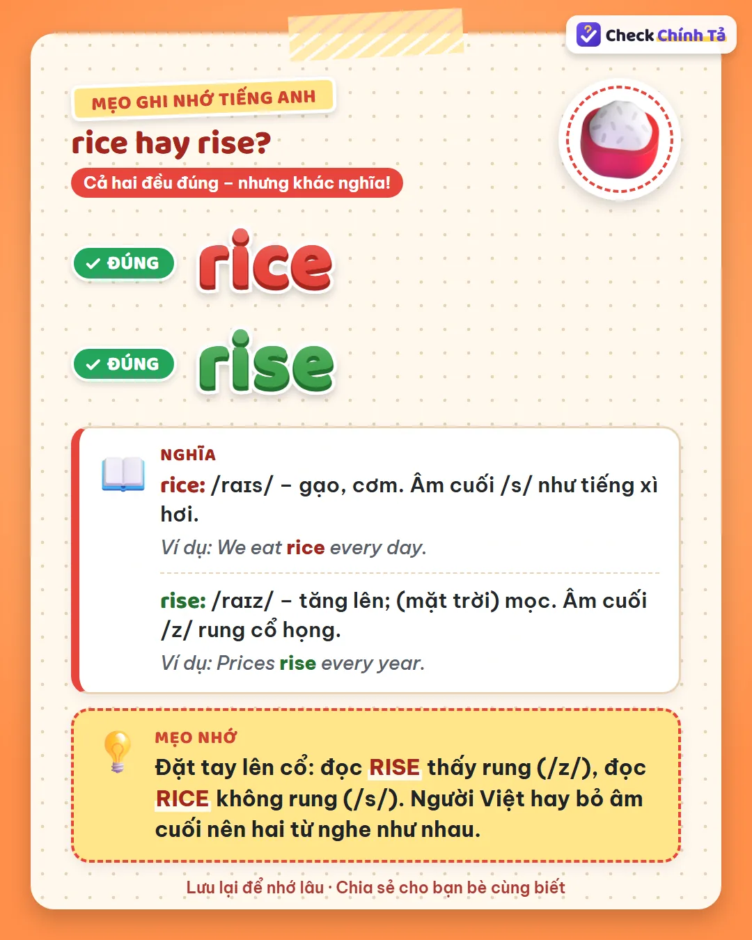 Mẹo ghi nhớ: đặt tay lên cổ, đọc rise thấy rung (/z/), đọc rice không rung (/s/).
