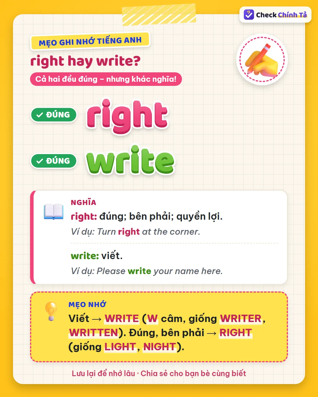 Mẹo ghi nhớ: viết là write (W câm như writer, written); đúng, bên phải là right (như light, night).