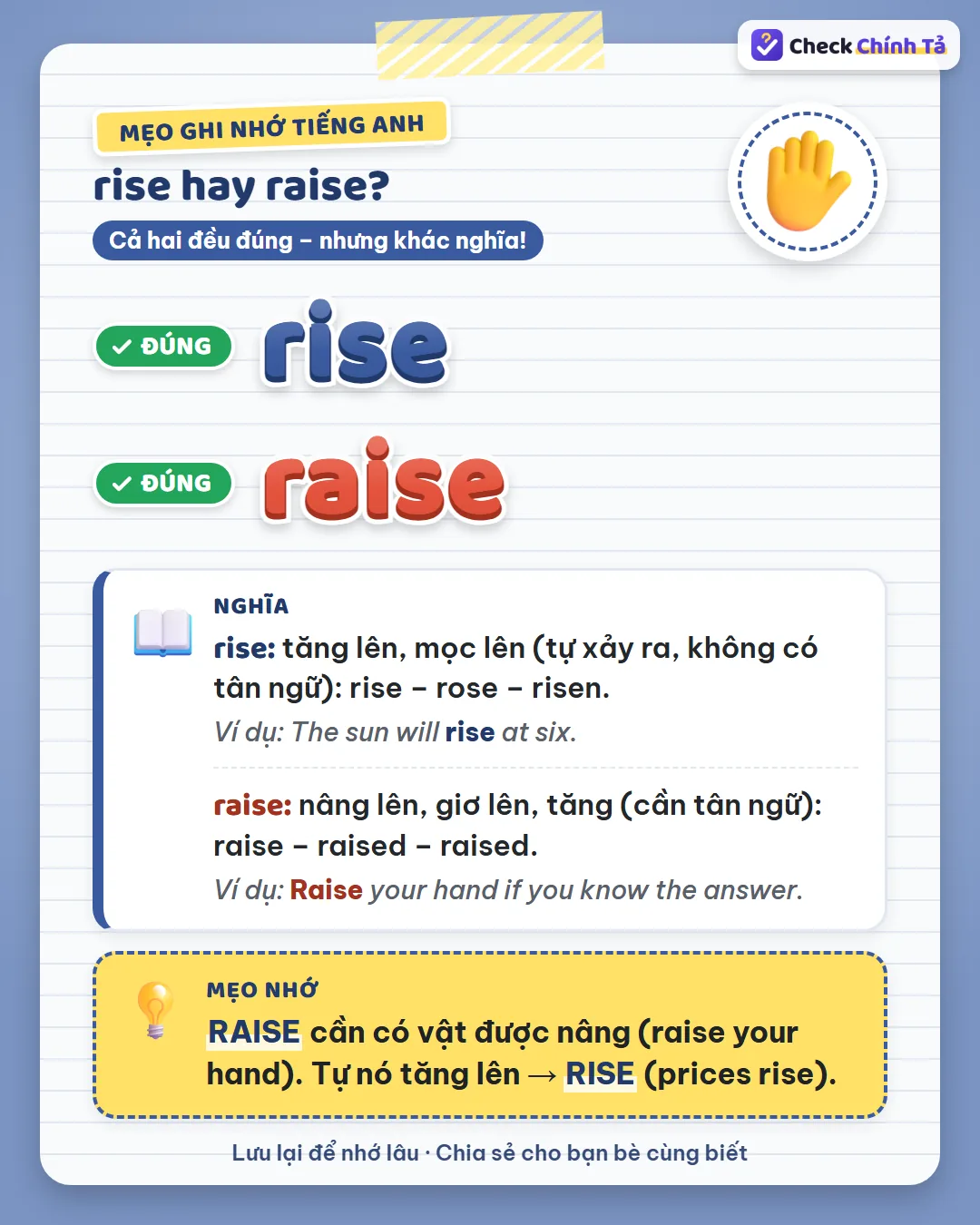 Mẹo ghi nhớ: raise cần có vật được nâng (raise your hand); tự nó tăng lên thì rise (prices rise).