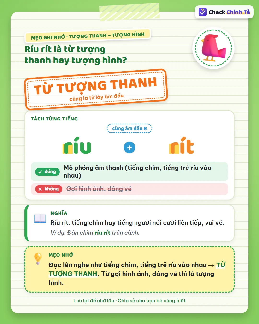 Mẹo ghi nhớ: ríu rít đọc lên nghe như tiếng chim, tiếng trẻ ríu vào nhau nên là tượng thanh.