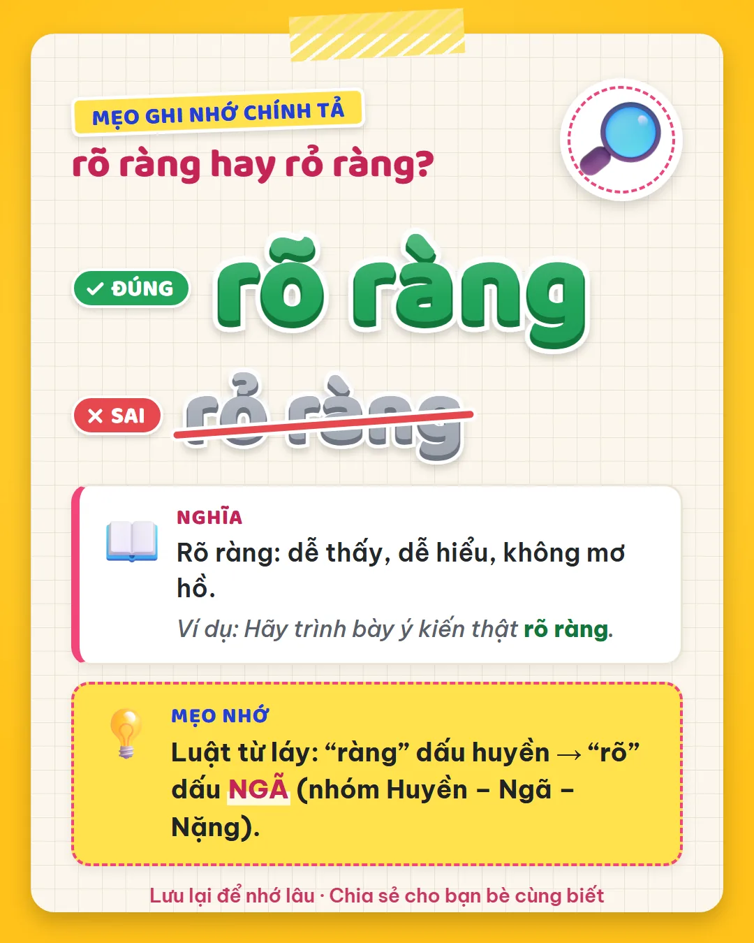 Mẹo ghi nhớ: luật từ láy, ràng dấu huyền nên rõ mang dấu ngã, cùng nhóm huyền, ngã, nặng.