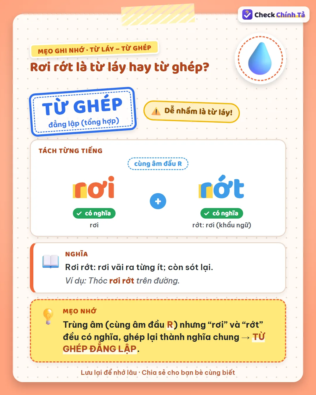 Mẹo ghi nhớ: rơi rớt trùng âm đầu R nhưng “rơi” và “rớt” đều có nghĩa nên là từ ghép đẳng lập.