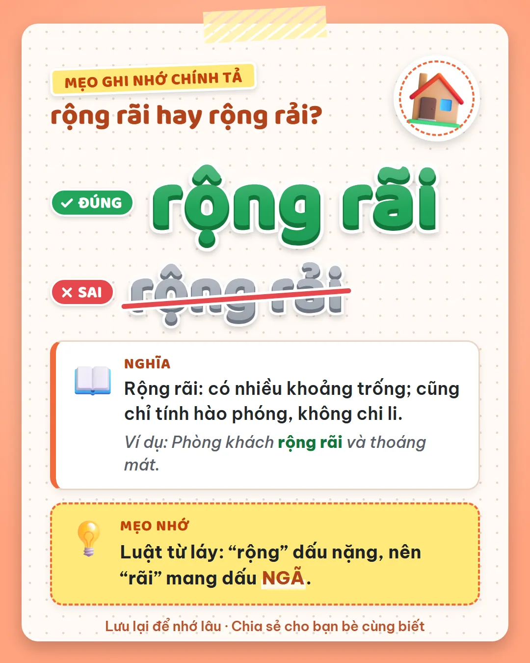 Mẹo ghi nhớ: rộng dấu nặng nên rãi mang dấu ngã. Rải dấu hỏi là rải rác, rải đá.