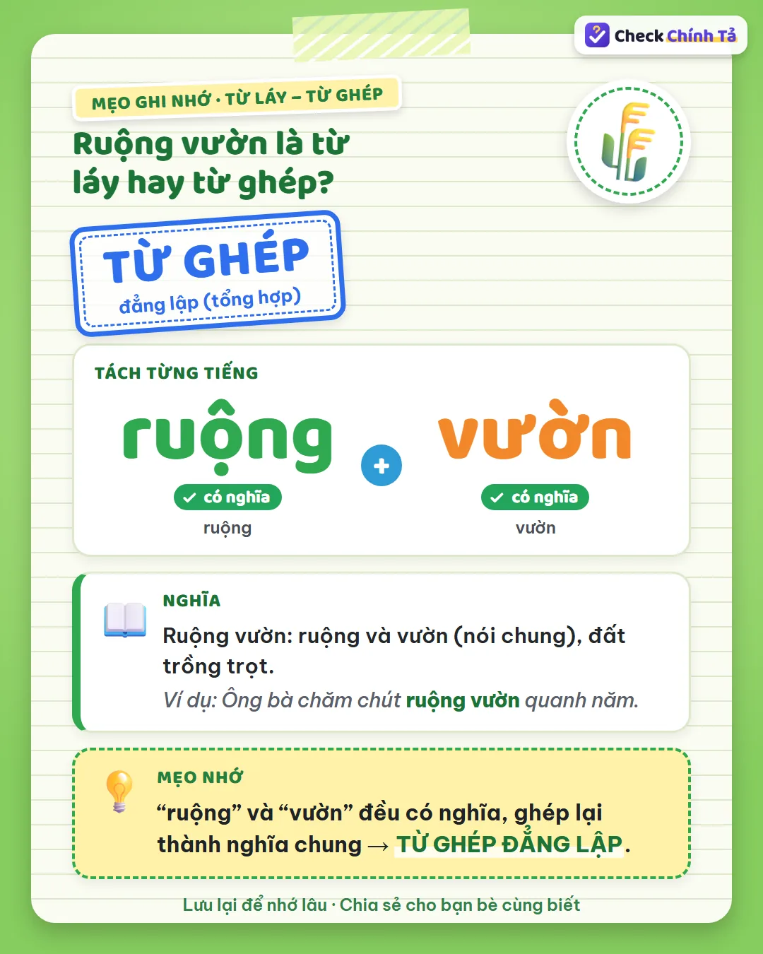 Mẹo ghi nhớ: “ruộng” và “vườn” đều có nghĩa, ghép lại chỉ đất trồng trọt nói chung nên là từ ghép đẳng lập.