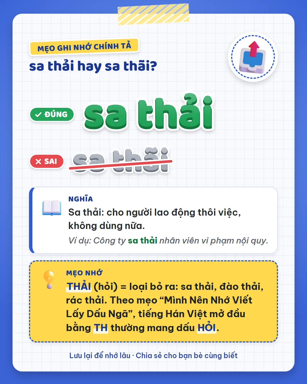 Mẹo ghi nhớ: thải dấu hỏi là loại bỏ như sa thải, đào thải, rác thải. Thãi dấu ngã chỉ có trong thừa thãi.