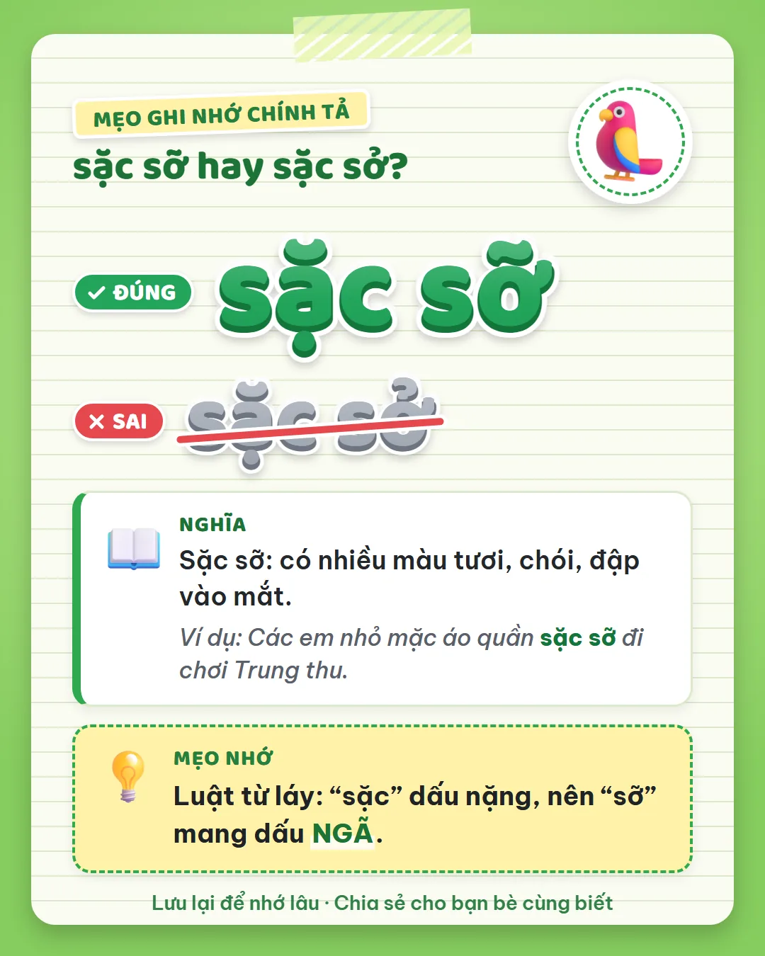 Mẹo ghi nhớ: sặc dấu nặng nên sỡ mang dấu ngã. Sở dấu hỏi là sở thích, sở trường.
