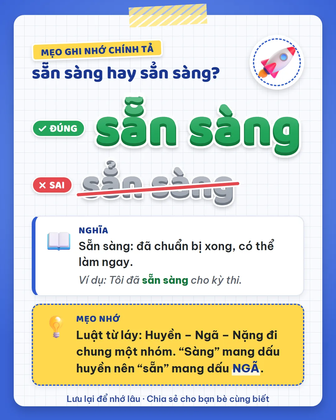 Mẹo ghi nhớ: huyền, ngã, nặng đi chung một nhóm. Sàng mang dấu huyền nên sẵn mang dấu ngã.