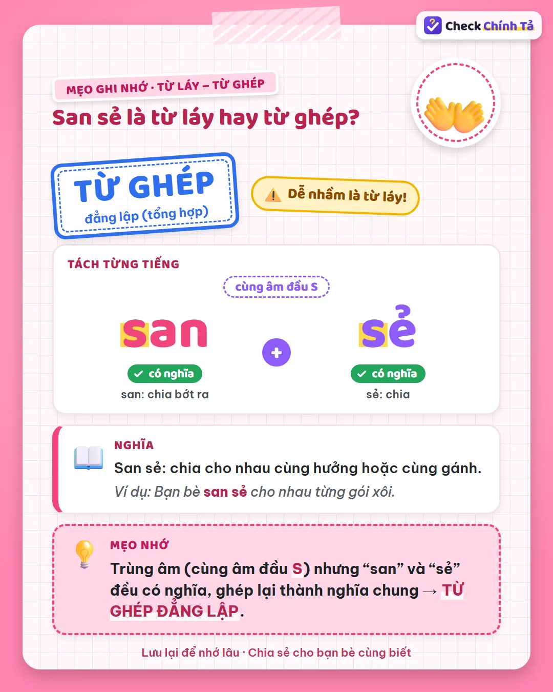 Mẹo ghi nhớ: san sẻ cùng âm đầu S nhưng “san” và “sẻ” đều nghĩa là chia nên là từ ghép đẳng lập.