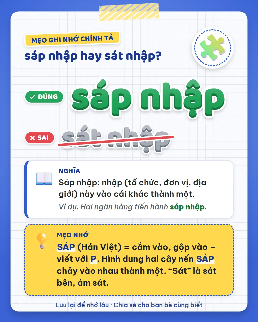 Mẹo ghi nhớ: sáp có P là cắm vào, gộp vào. Hình dung hai cây nến sáp chảy vào nhau thành một; sát là sát bên, ám sát.